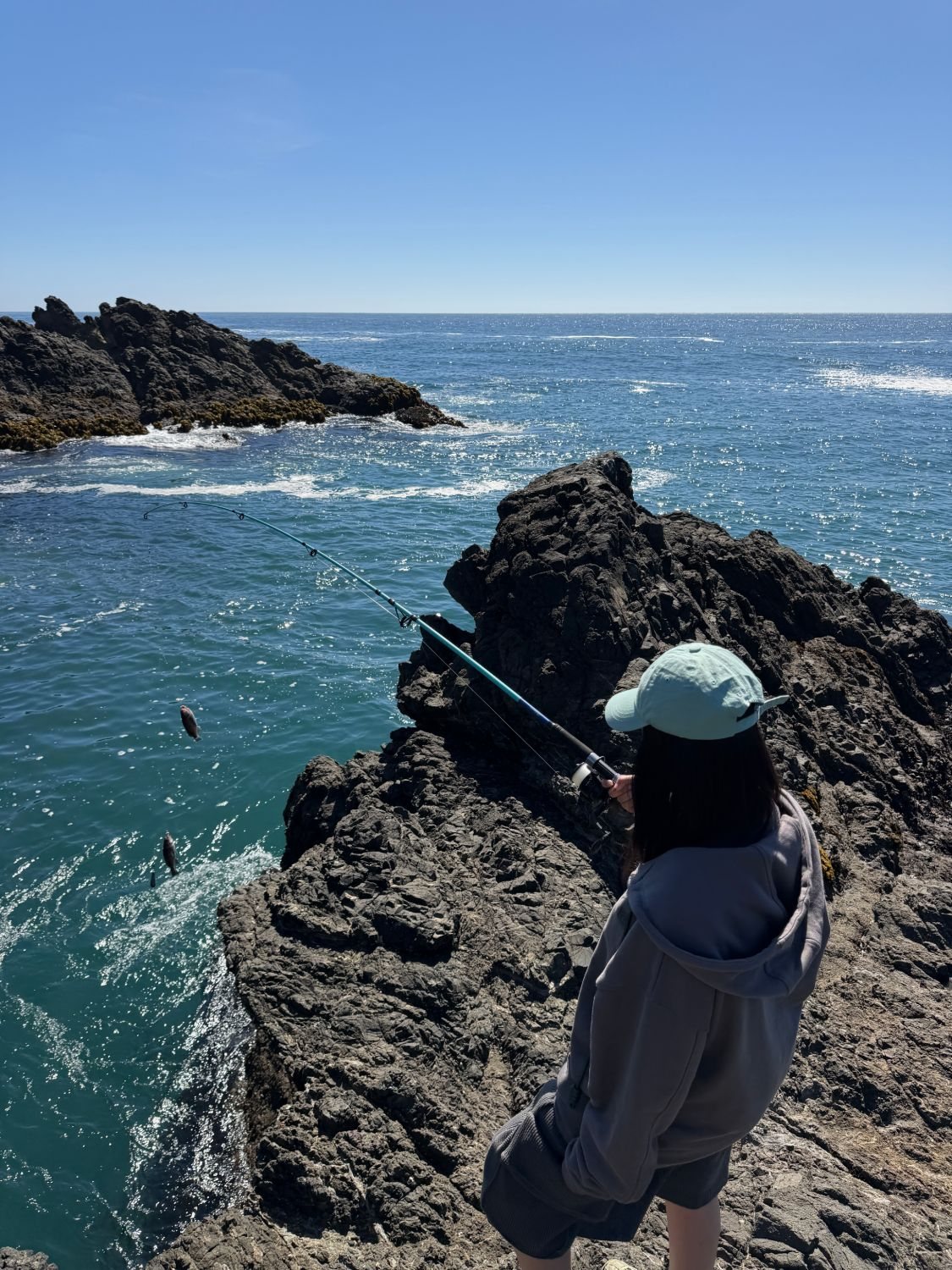 Wenxin fishing off the rocks on the coast, a fish on the line