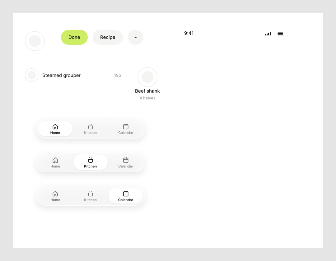 Buttons, list rows and the tab bar as Figma components