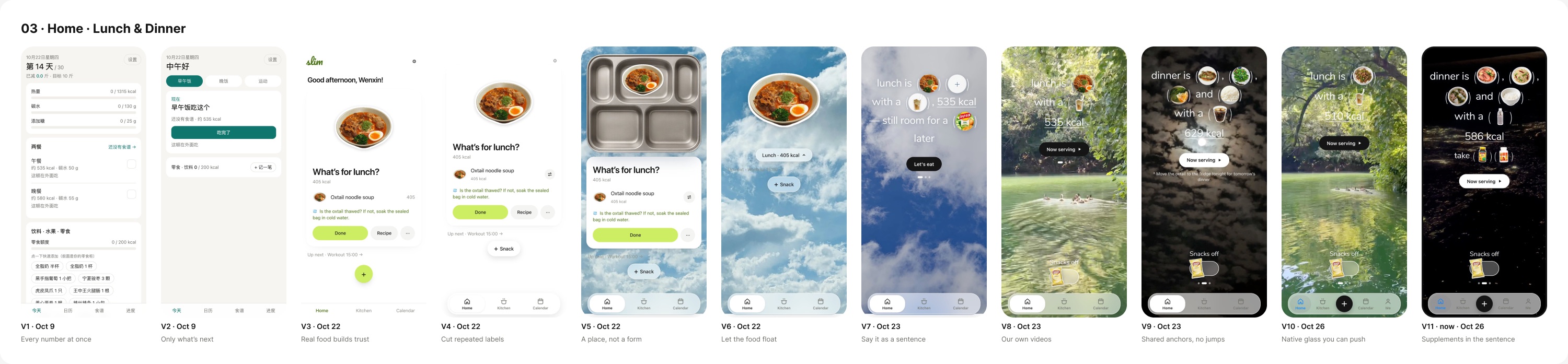 Eleven versions of Home in Figma, oldest on the left
