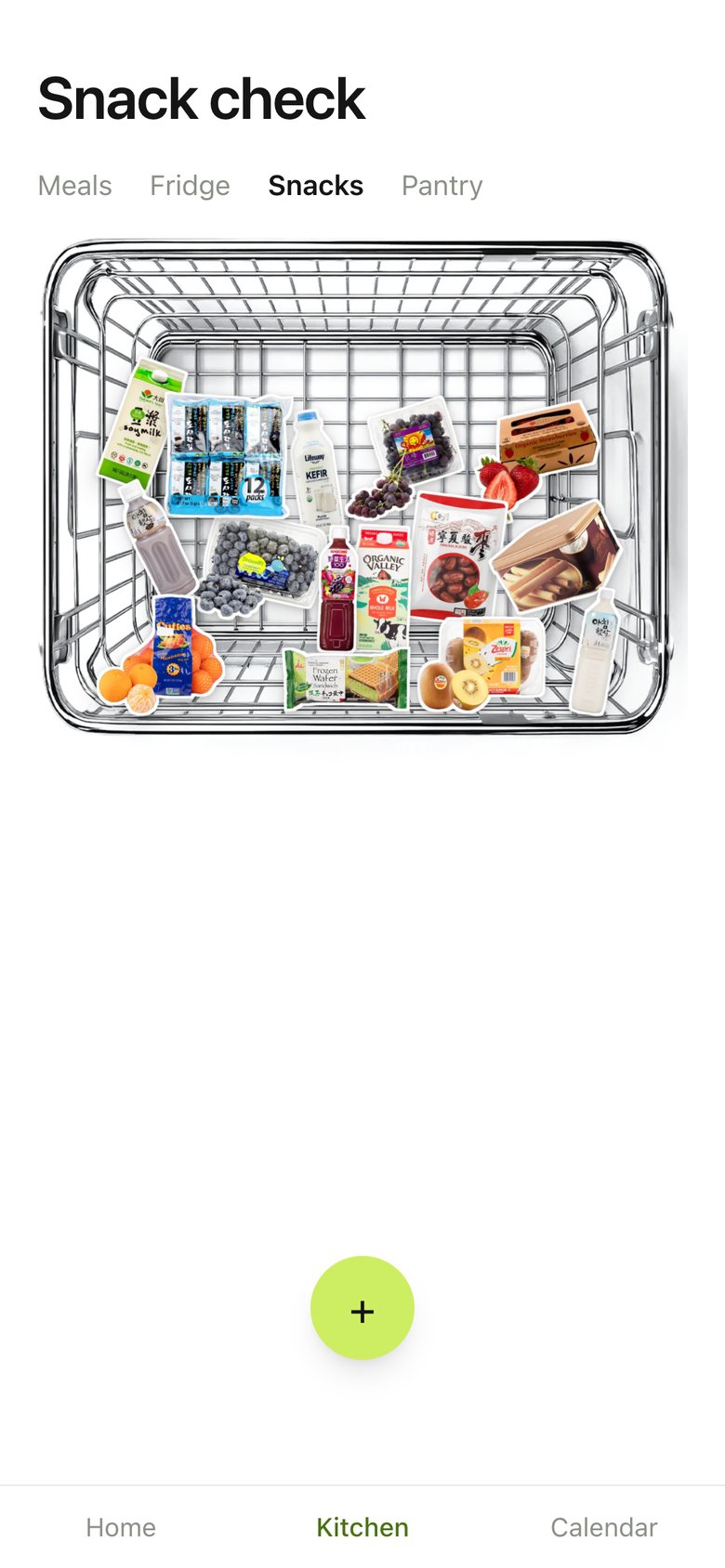 Kitchen · Snacks, version 1: One stainless basket with every snack.