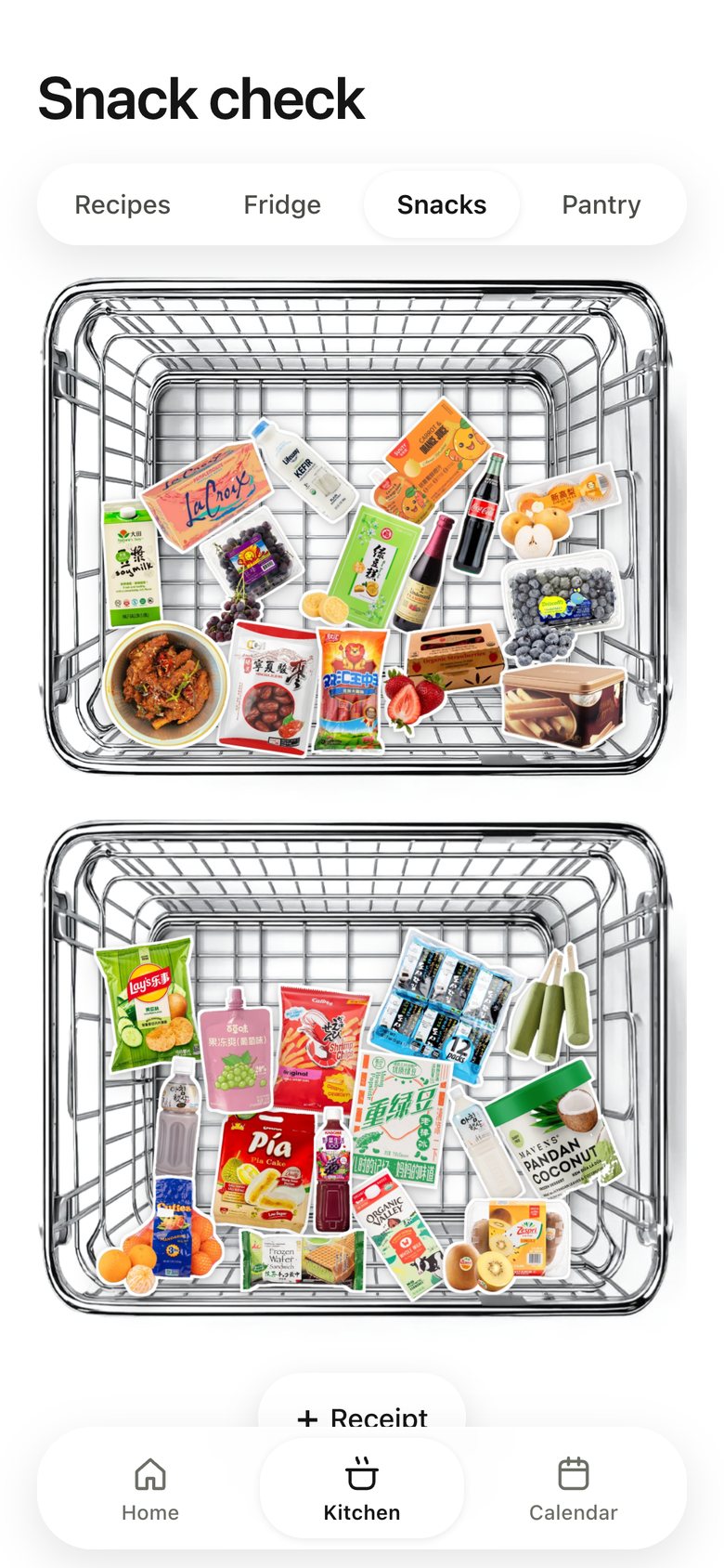 Kitchen · Snacks, version 2: Split into two baskets.