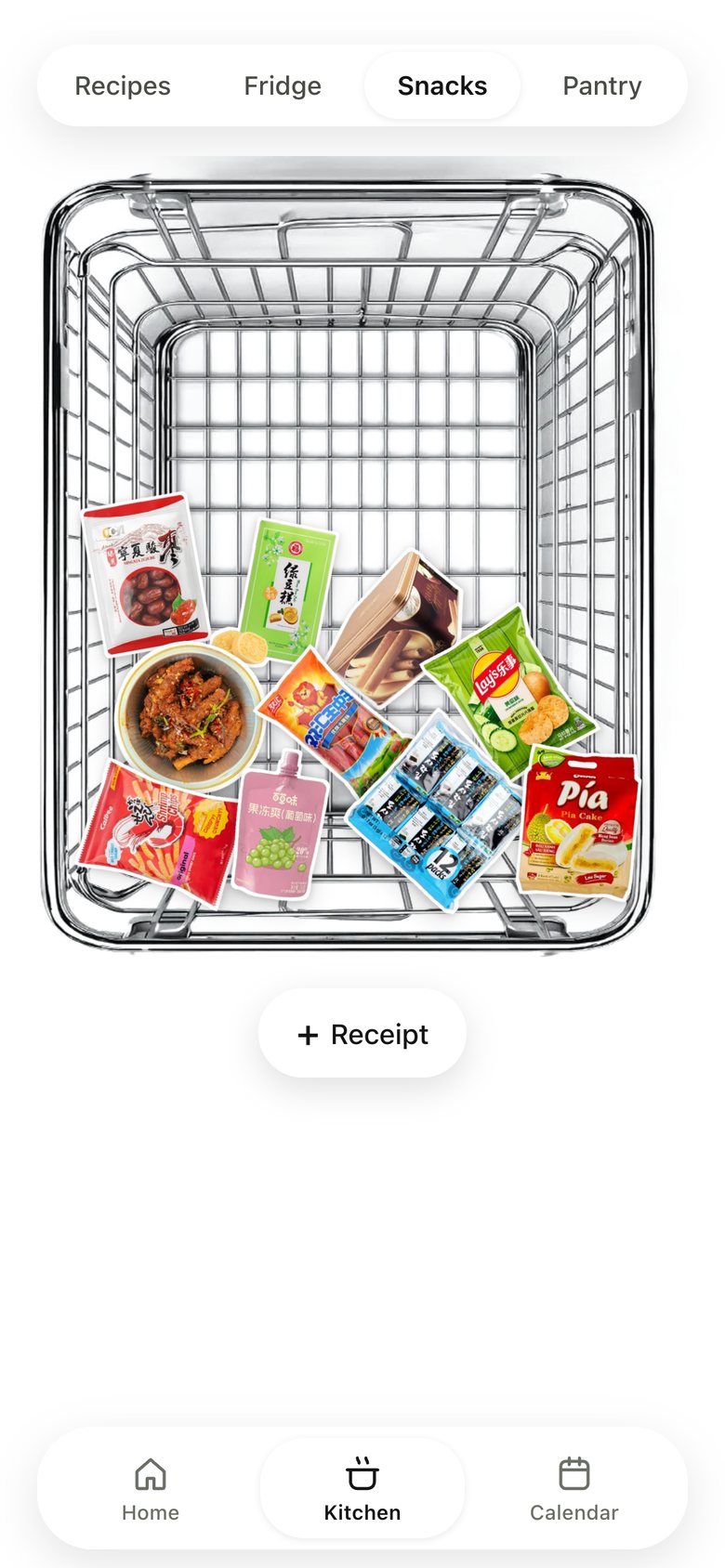 Kitchen · Snacks, version 3: Drinks and fruit moved to the fridge; one tall basket for dry snacks.