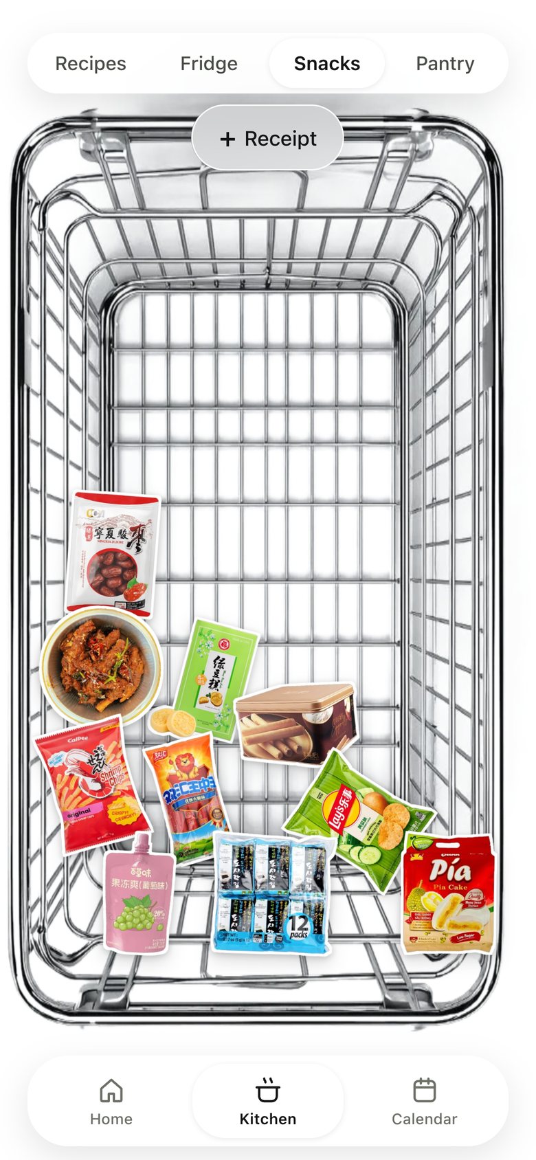 Kitchen · Snacks, version 4: The basket fills the screen like the fridge.