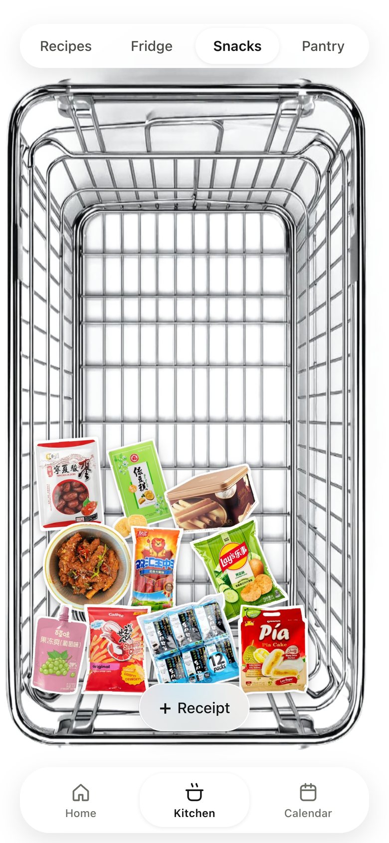 Kitchen · Snacks, version 5: "+ Receipt" at the bottom.