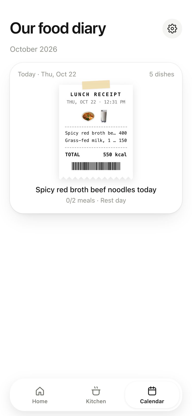 Calendar · Food diary, version 4: The day's receipts are taped onto the page; the title follows what was served.