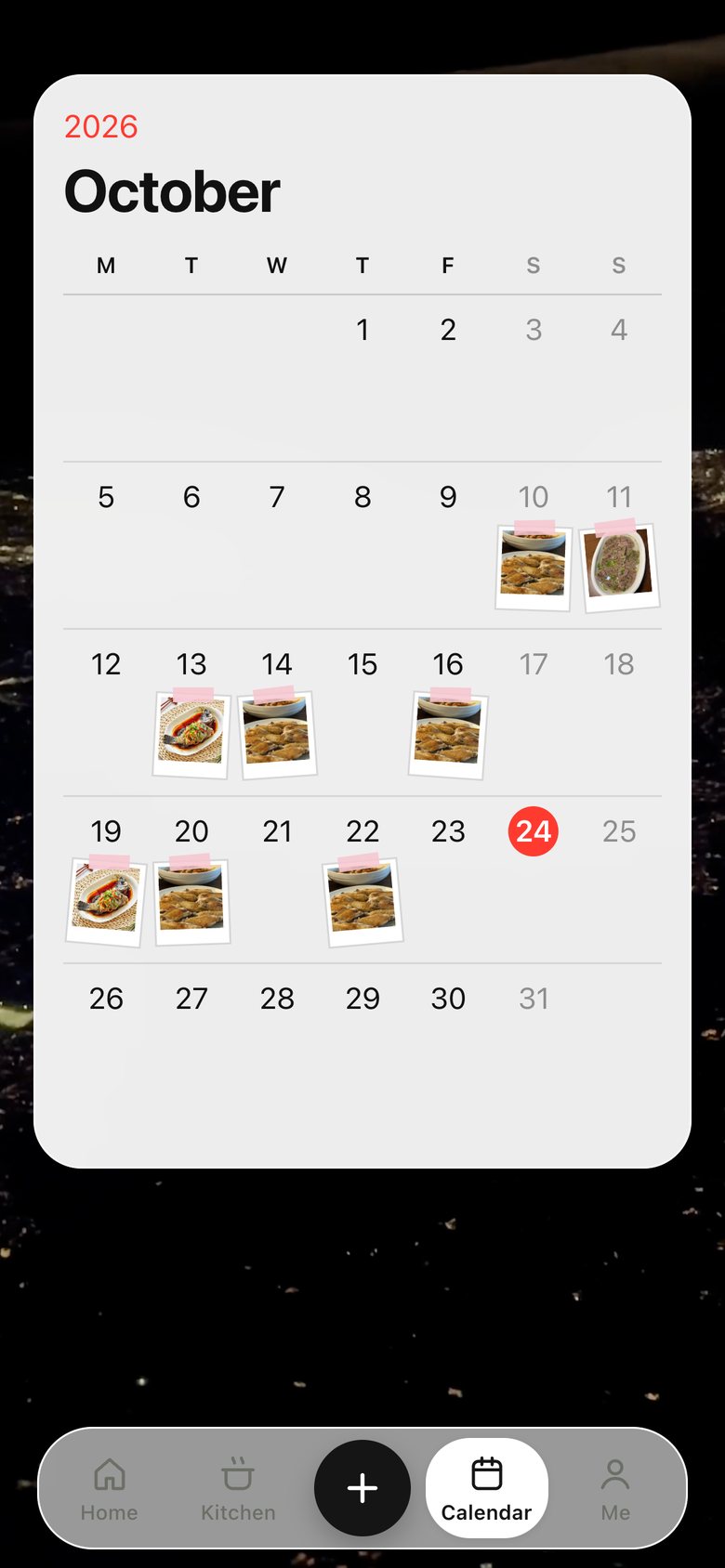 Calendar · Food diary, version 7: Tap a day and a paper notebook opens: write the day's diary, move and turn the polaroid and receipts, swipe to turn the page.