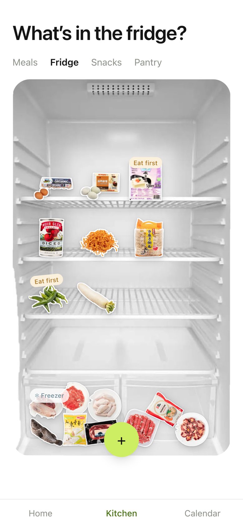 Kitchen · Fridge, version 2: A real fridge photo; groceries drop onto the shelves with physics; "Eat first" tags.