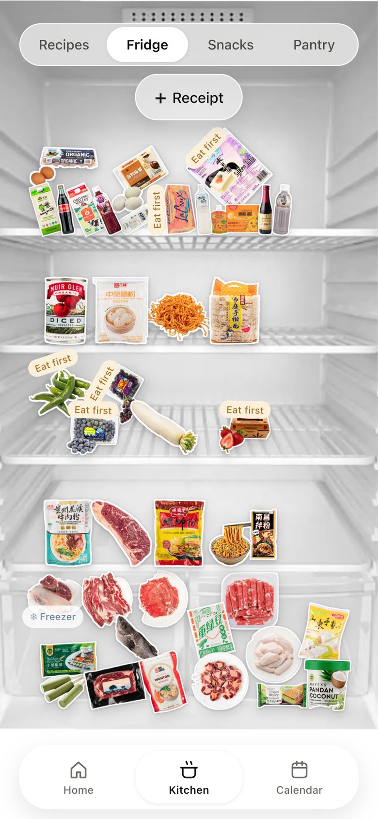 Kitchen · Fridge, version 4: Full screen behind the tabs, ending exactly at the nav.