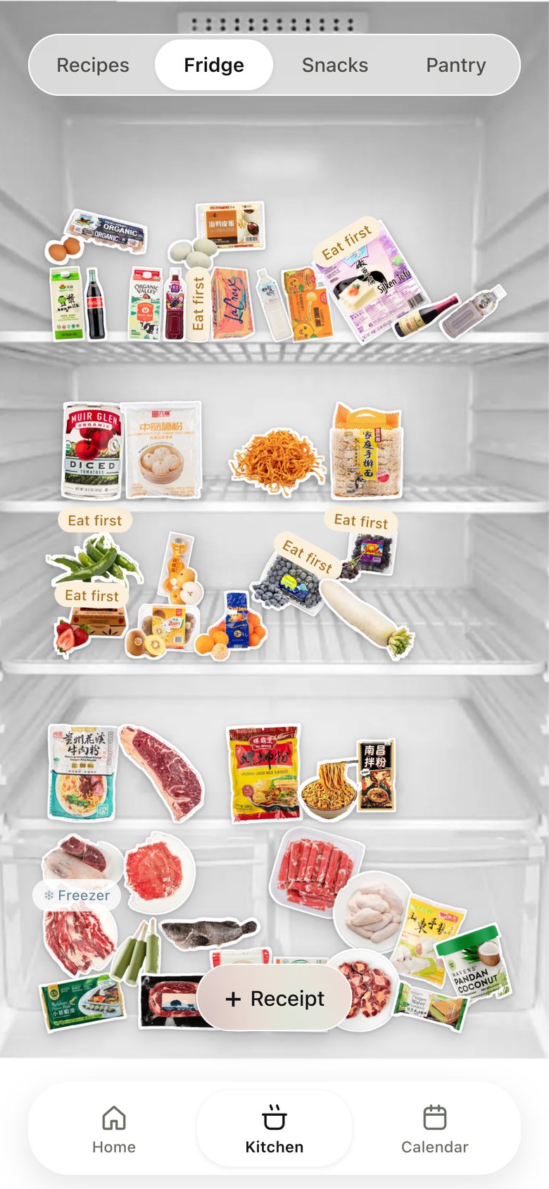 Kitchen · Fridge, version 5: "+ Receipt" moved down into the thumb zone.