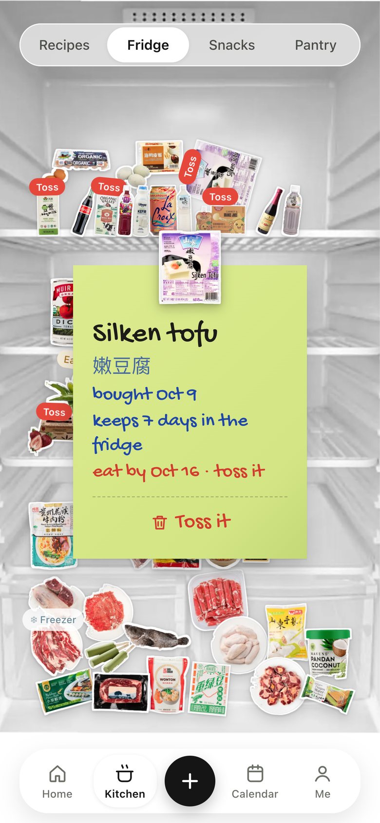 Kitchen · Fridge, version 6: Each item opens a sticky note with when it was bought and when to finish it; past its date it says "Toss it" in red, and tapping it drops the item out of the fridge.