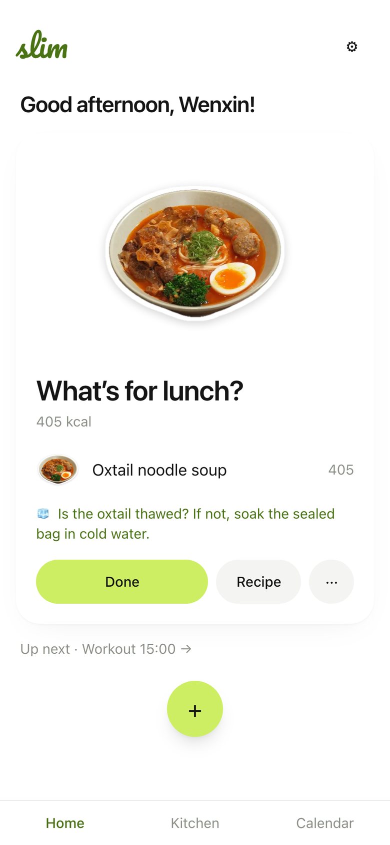Home · Lunch & Dinner, version 3: English, a real dish sticker, the meal as a card; a greeting and a logo on top.