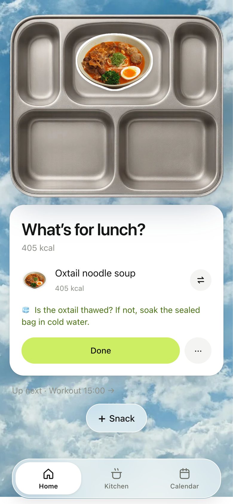 Home · Lunch & Dinner, version 5: The meal on a stainless canteen tray over a blue sky.