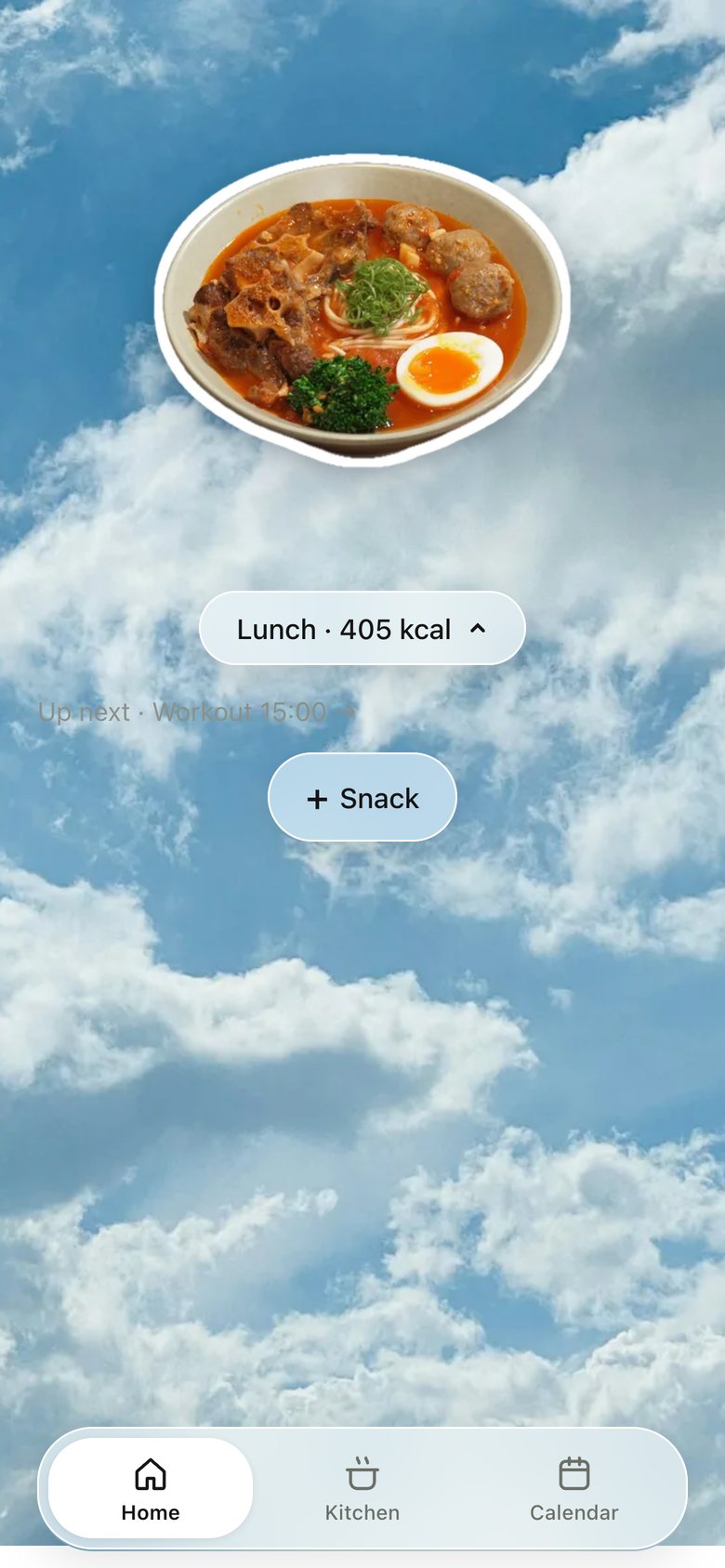 Home · Lunch & Dinner, version 6: Plates float in the sky; the card hides behind a small pill.