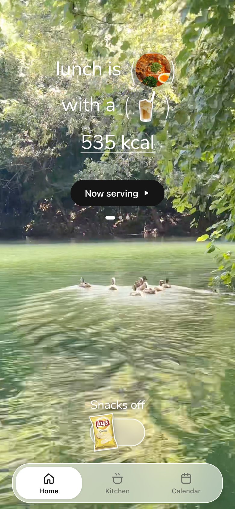 Home · Lunch & Dinner, version 8: The sky is replaced by real-life videos, like a vlog: by default scenery I filmed, or the user's own clips added in Settings; snacks become a switch.