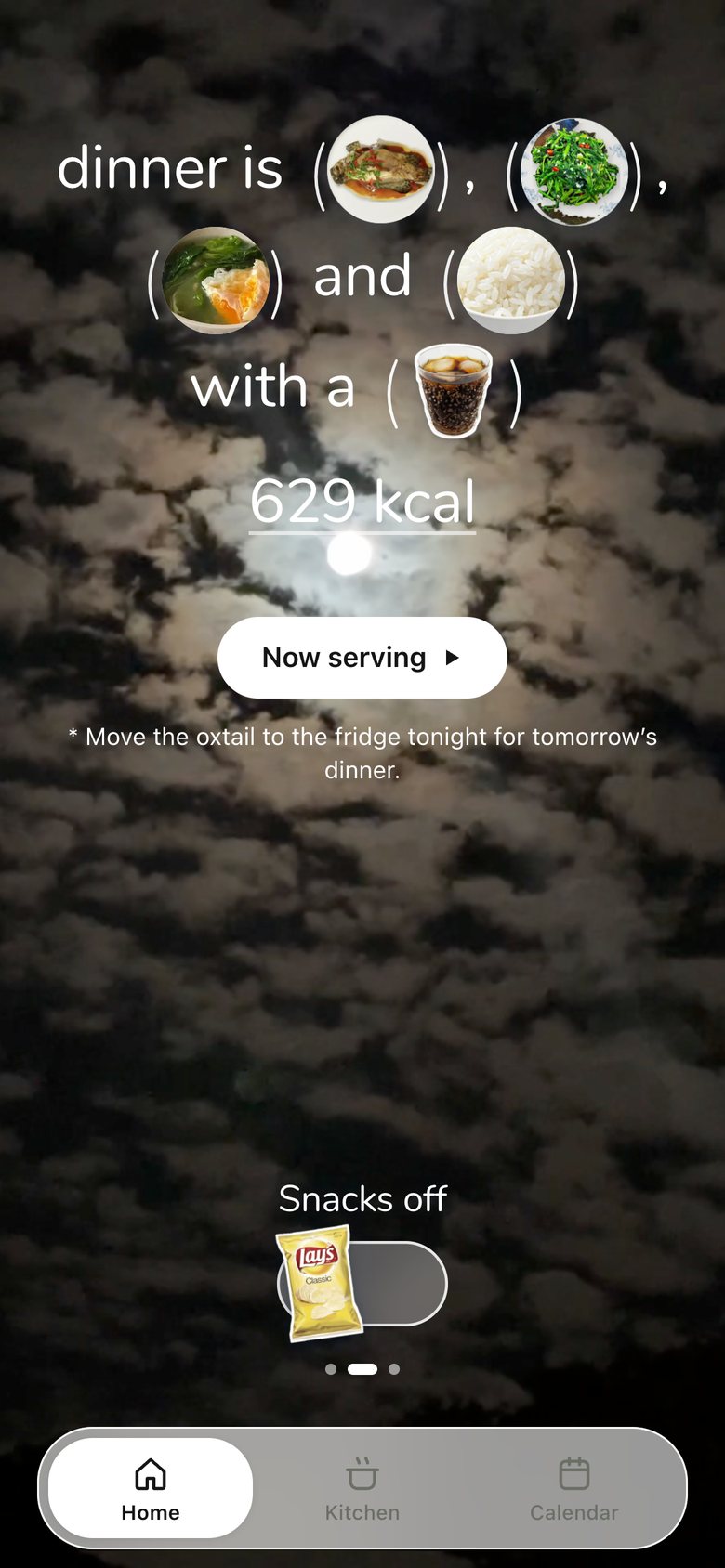 Home · Lunch & Dinner, version 9: Dinner by the clock, all pages share one top line and one bottom zone (page dots + snack switch).