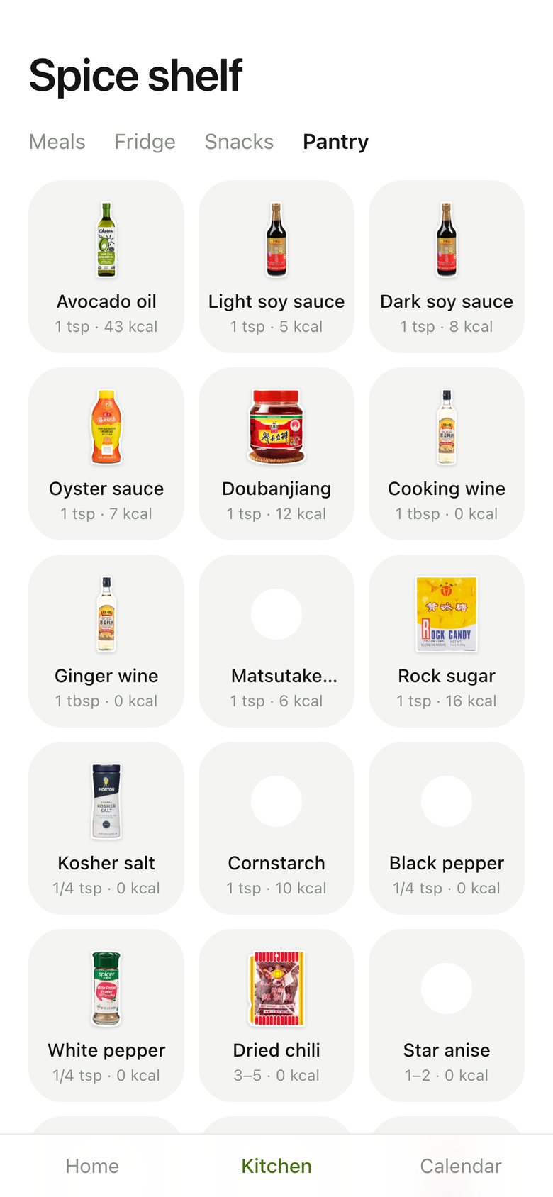 Kitchen · Pantry, version 1: A grid of seasoning tiles.