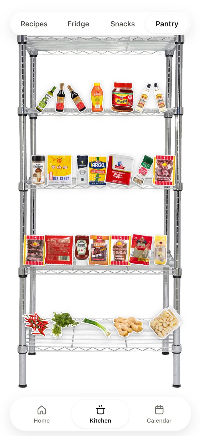 Kitchen · Pantry, version 2: A real stainless wire rack; seasonings drop onto its decks with gravity.
