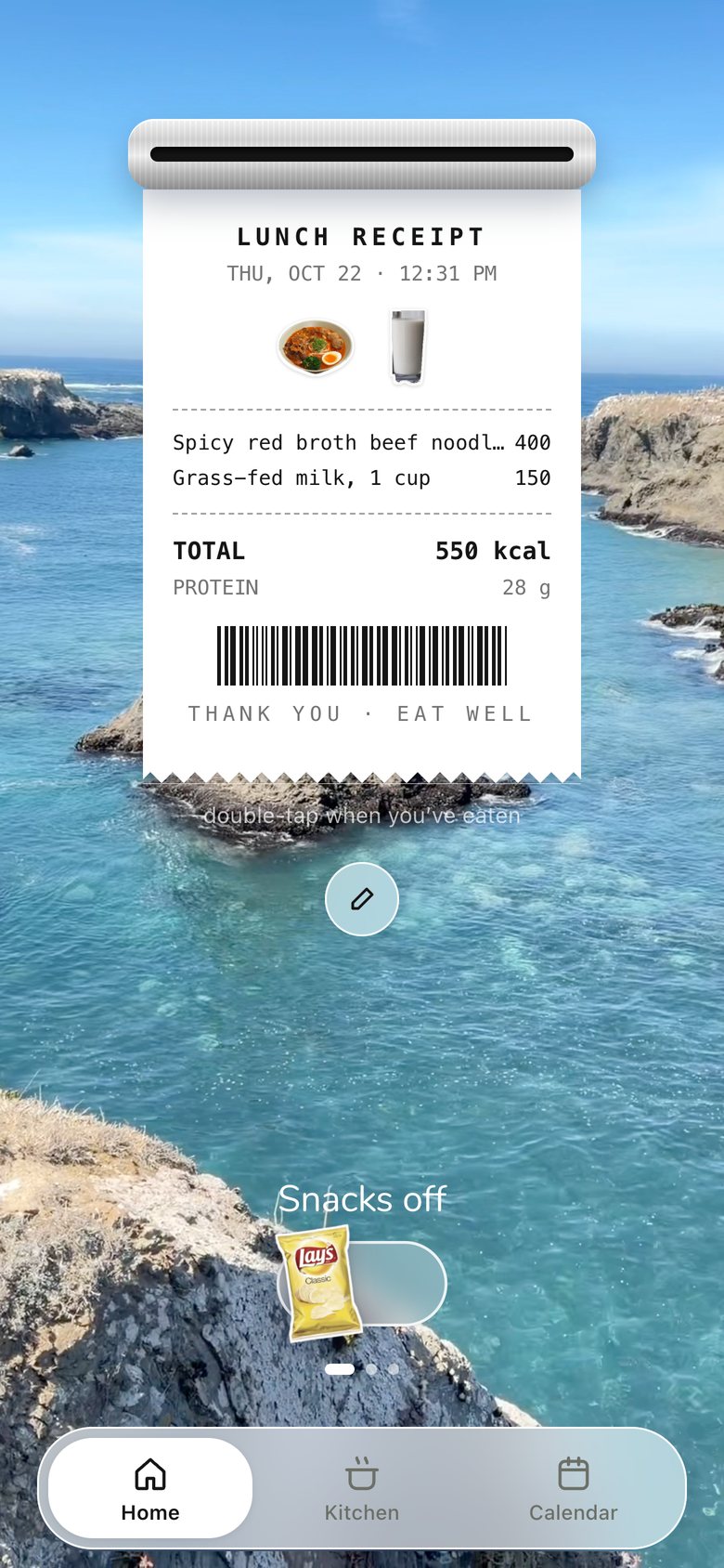 Now serving · Receipt, version 4: Smaller receipt, printed line by line; double-tap to tear it off into the calendar, which also logs the meal.