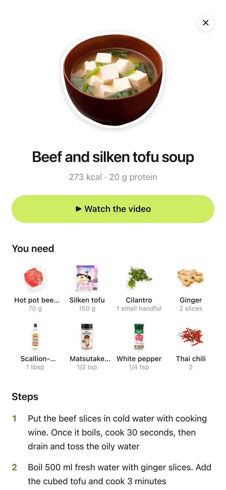 Recipe, version 3: A full white page: photo, numbers, video, "You need" sticker grid, steps.