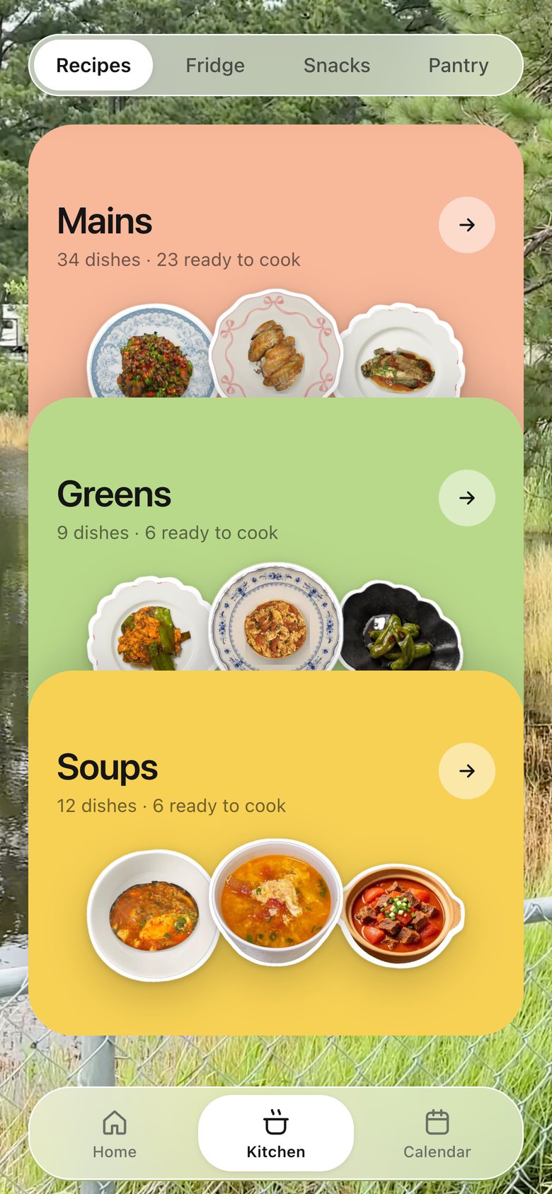Kitchen · Recipes, version 10: Opens on three stacked shelf cards — Mains, Greens, Soups — each with counts and three dishes peeking out; tap one and its deck slides in.