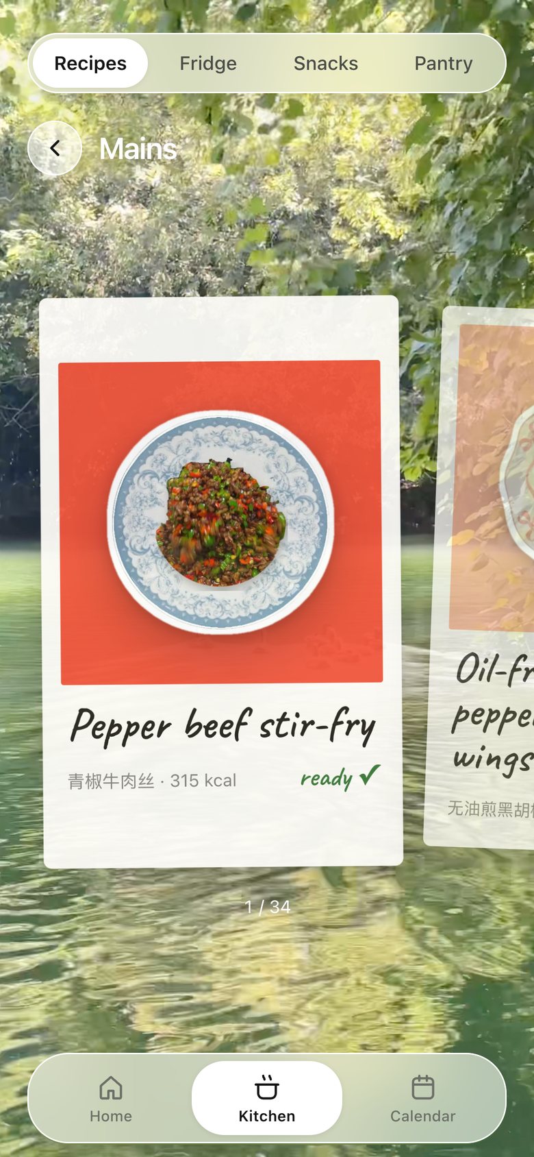 Kitchen · Recipes, version 11: Each dish card is a polaroid: white frame, dish on its coloured mat, name handwritten underneath, "ready ✓" by hand.