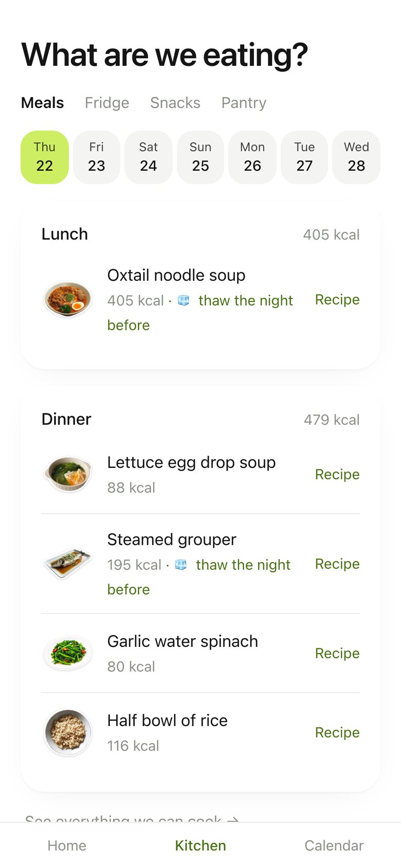 Kitchen · Recipes, version 2: "What are we eating?": meals by day with a date strip.