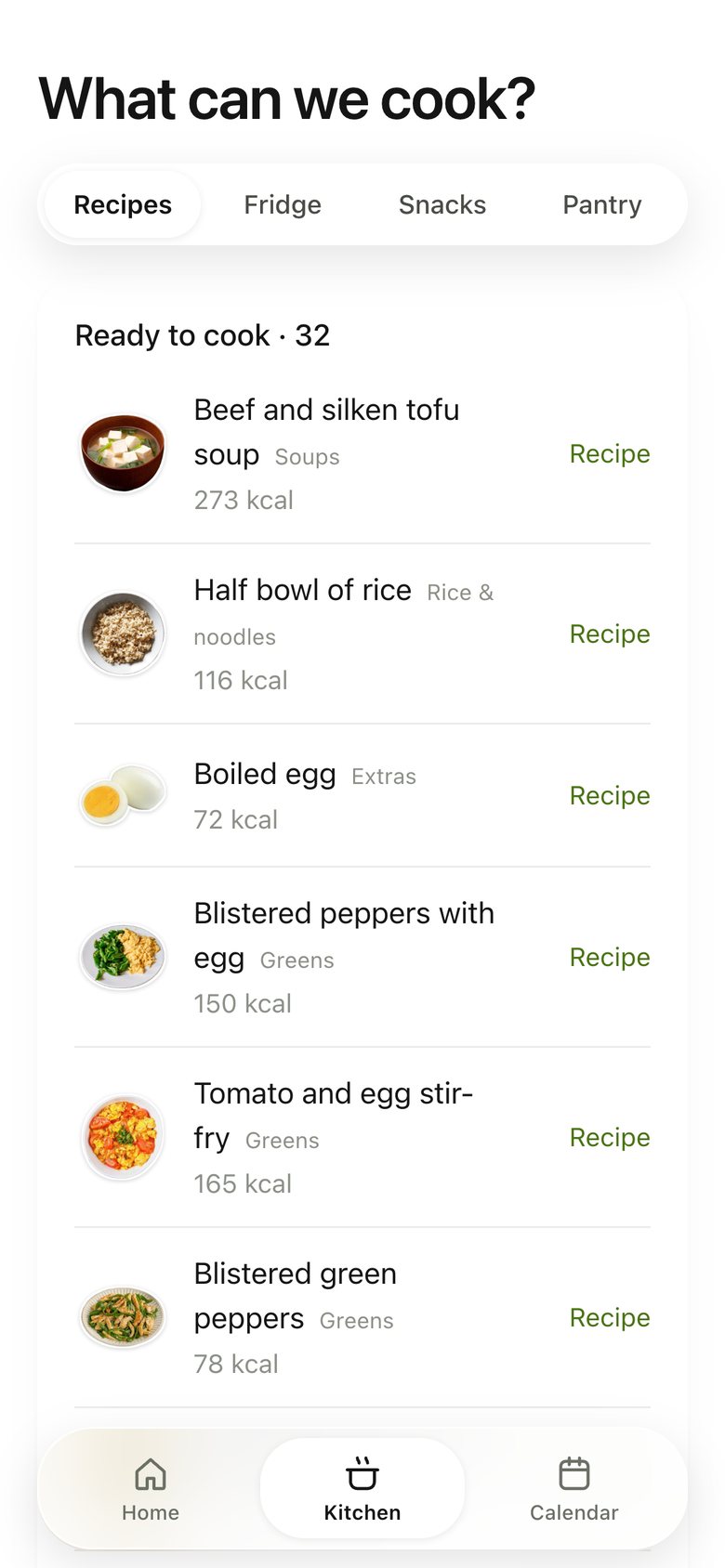 Kitchen · Recipes, version 3: "What can we cook?": every dish as a list, ready-to-cook first.