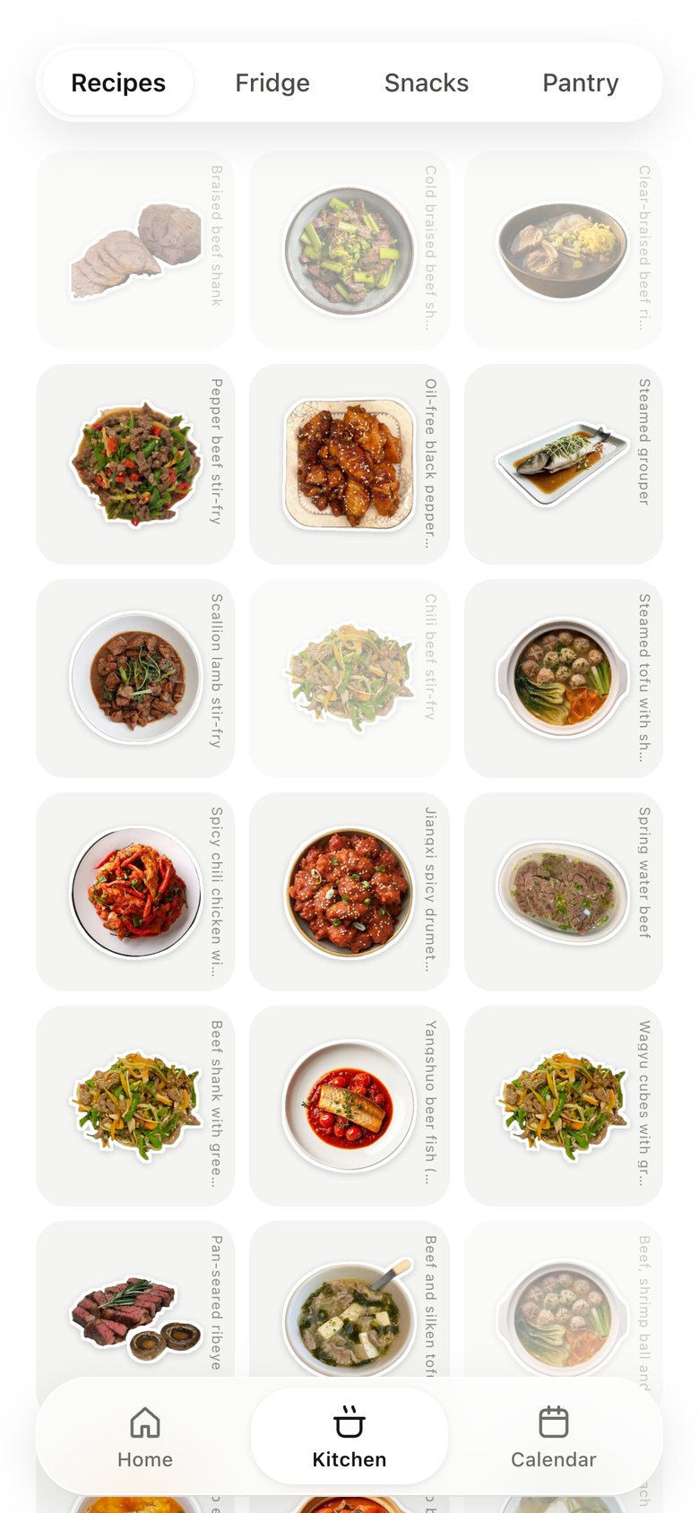 Kitchen · Recipes, version 4: A cookbook grid of sticker tiles.