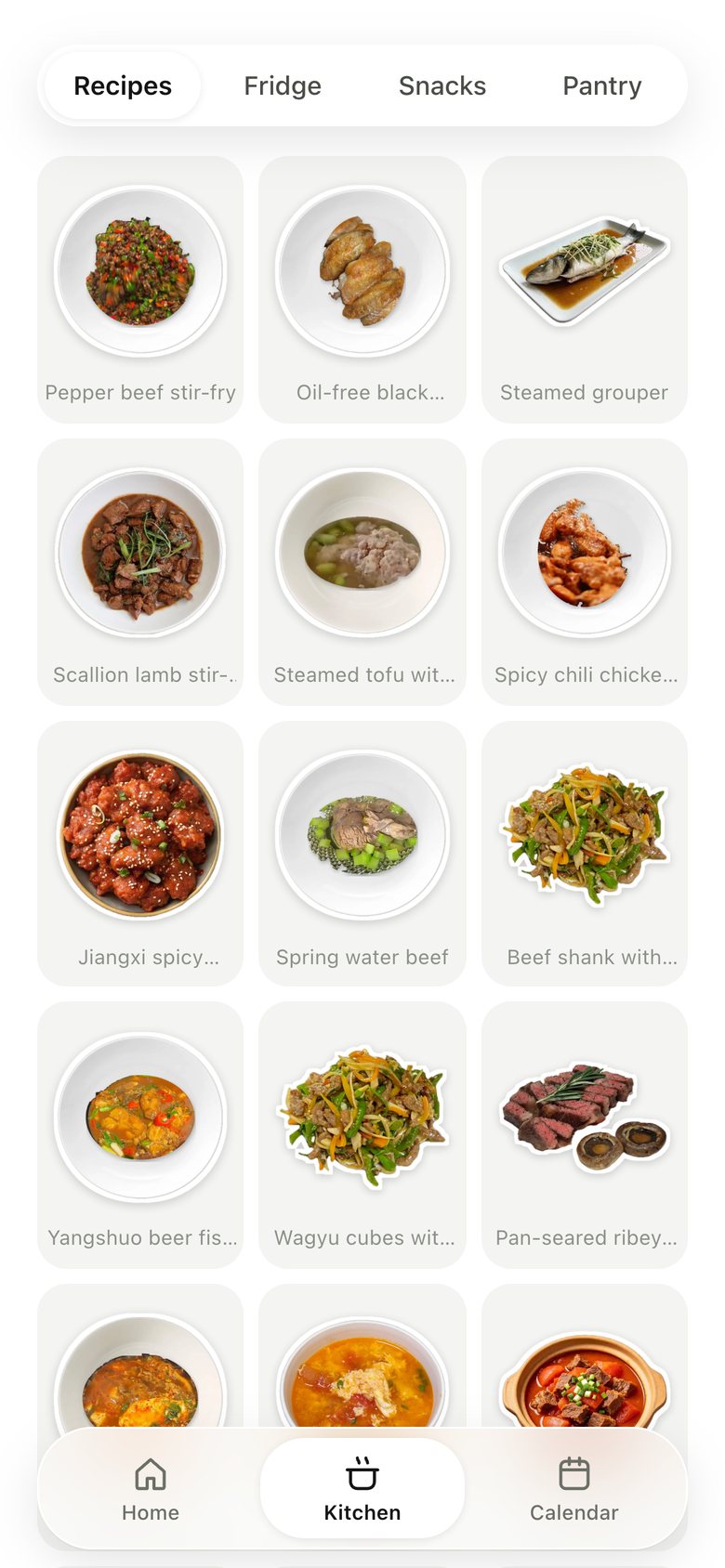 Kitchen · Recipes, version 5: Two big stickers per row, names below, missing-ingredient dishes faded.