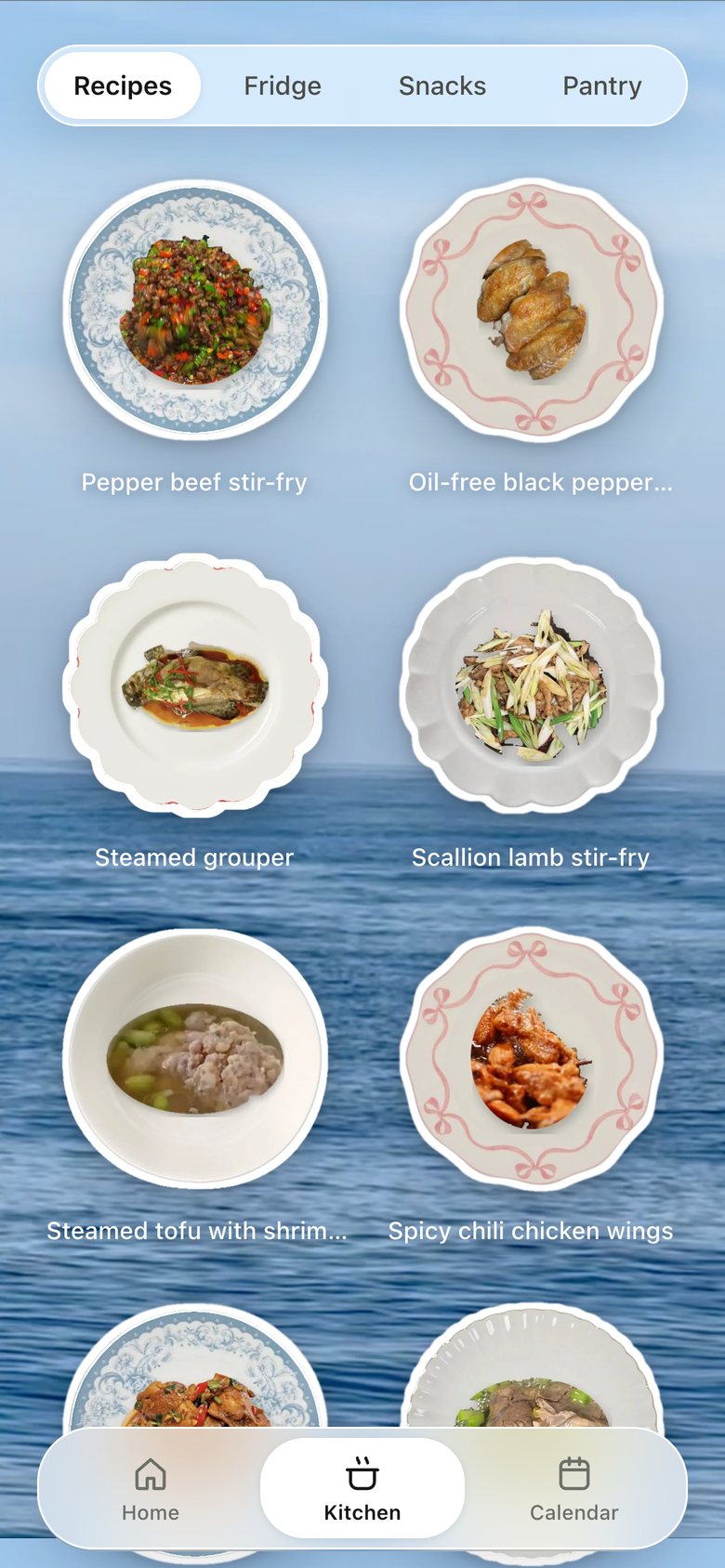 Kitchen · Recipes, version 6: The grid sits on our own videos.