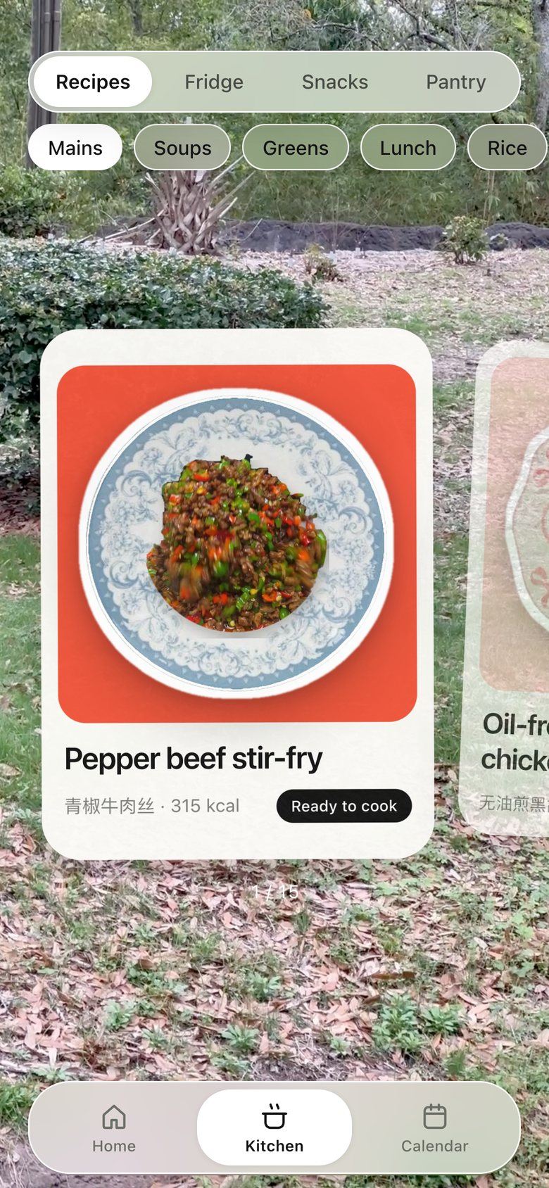 Kitchen · Recipes, version 8: Three pills — Mains, Greens, Soups — switch the deck; bigger cards, names in the app's own font, and the page no longer scrolls.