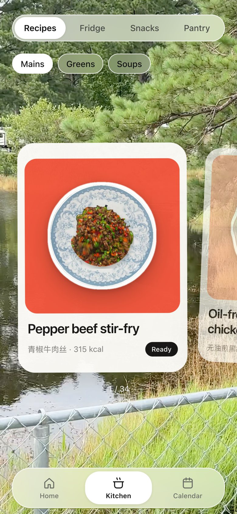 Kitchen · Recipes, version 9: Card colours follow the shelf — mains warm, greens green, soups yellow — and the deck only slides sideways, with room so no card is cut off.