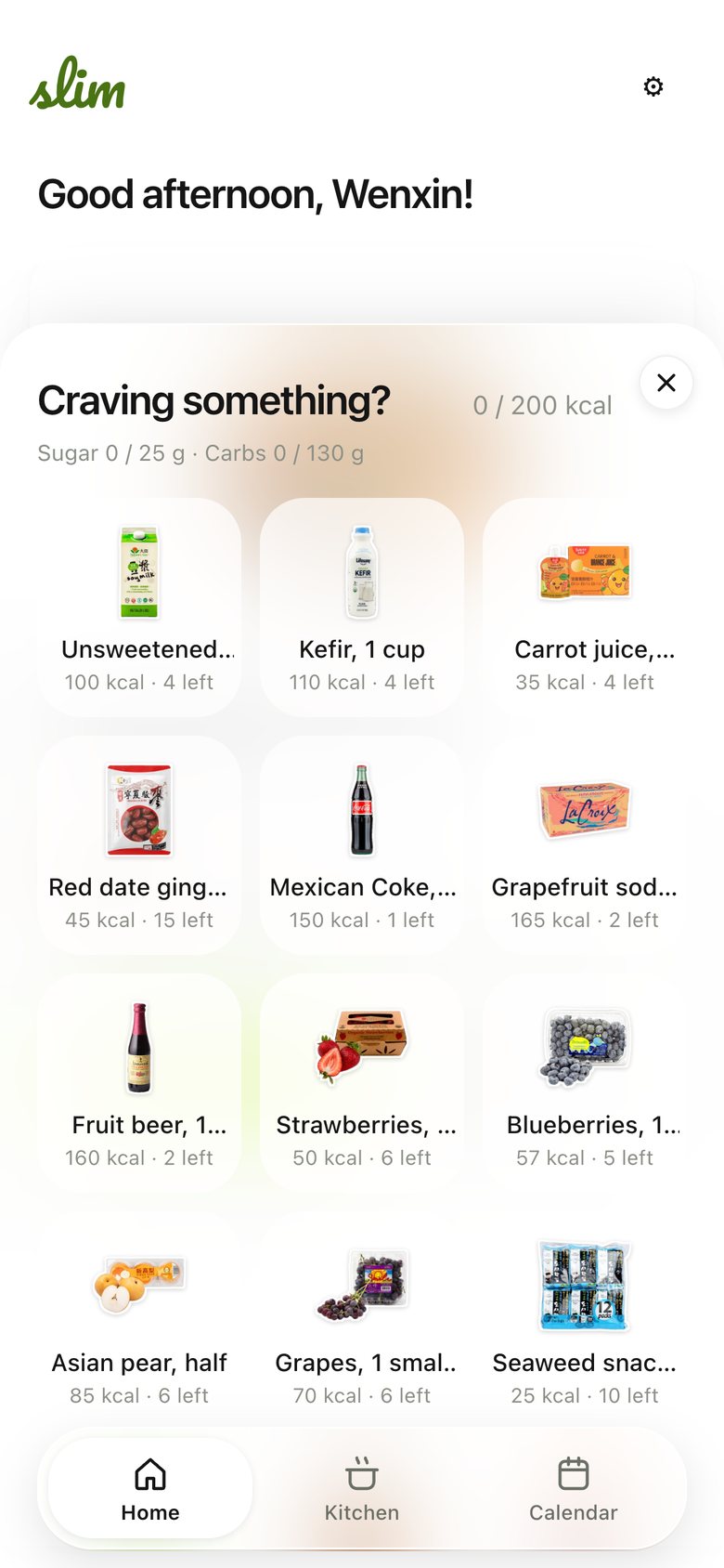 Snacks picker, version 1: "Craving something?": a grid of product tiles with kcal and stock.