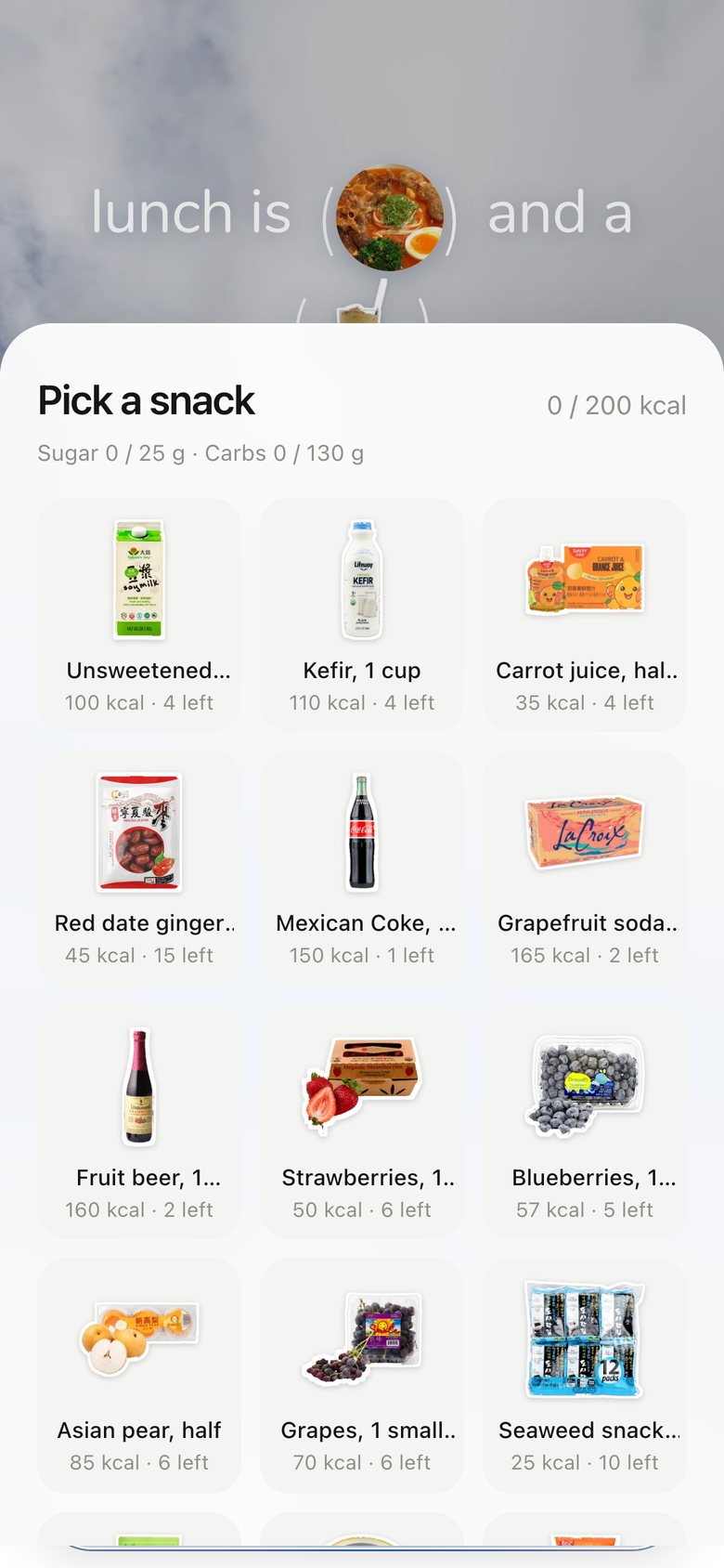Snacks picker, version 2: Restyled to match the other sheets: "Pick a snack", three-column tiles.