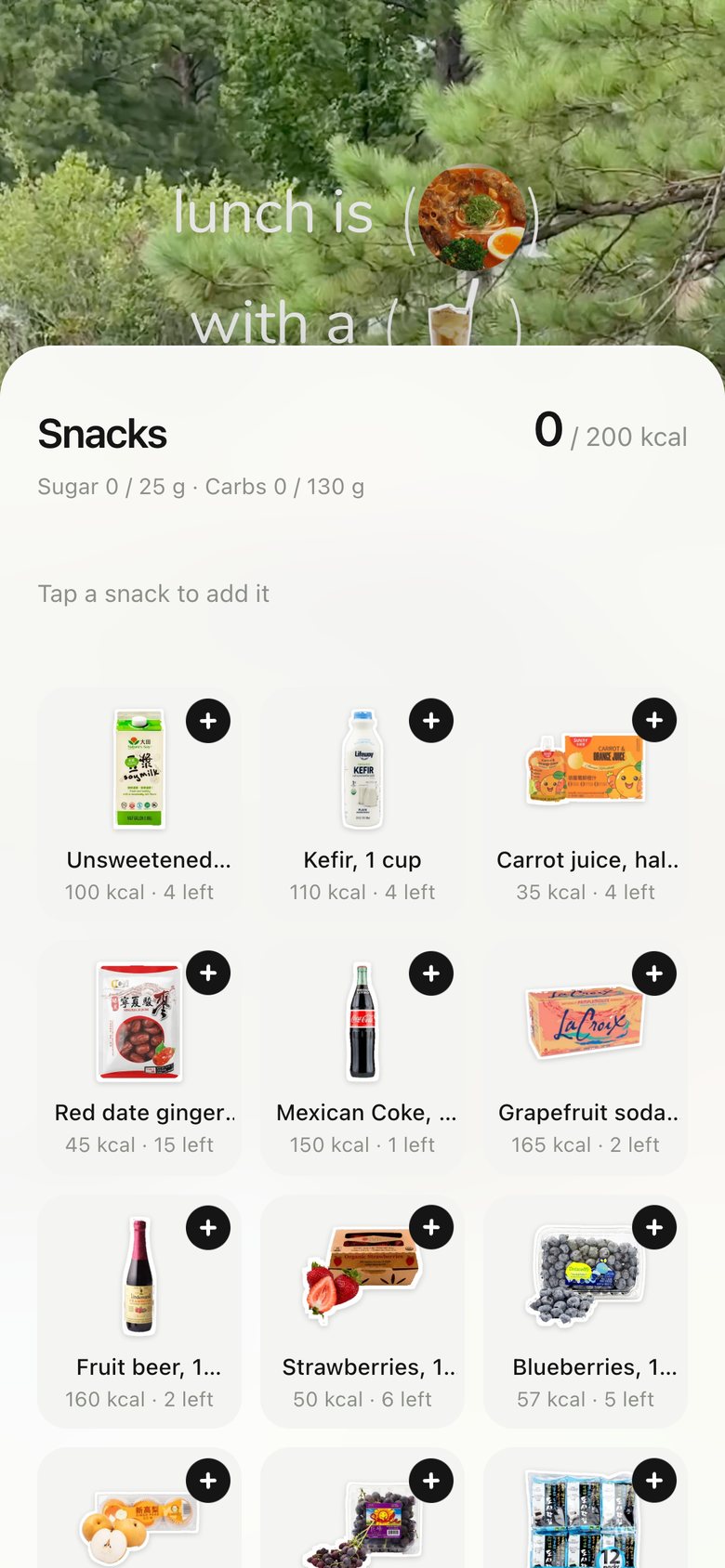 Snacks picker, version 3: Cart-style: a + on every snack, the added one flies to a list, kcal turns orange when over.
