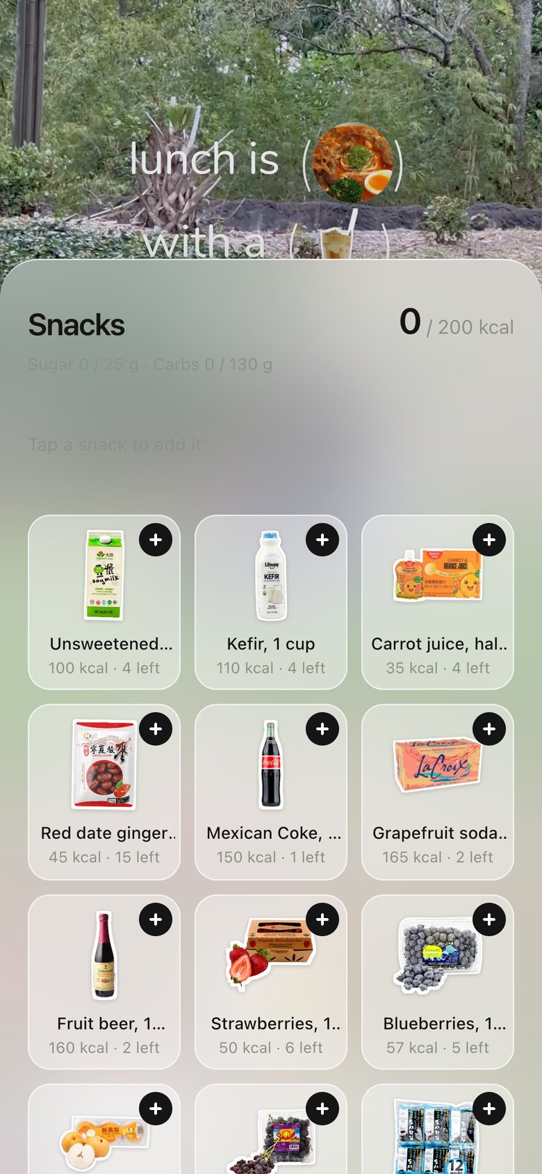 Snacks picker, version 4: The sheet turns frosted and see-through; the snacks themselves wiggle.