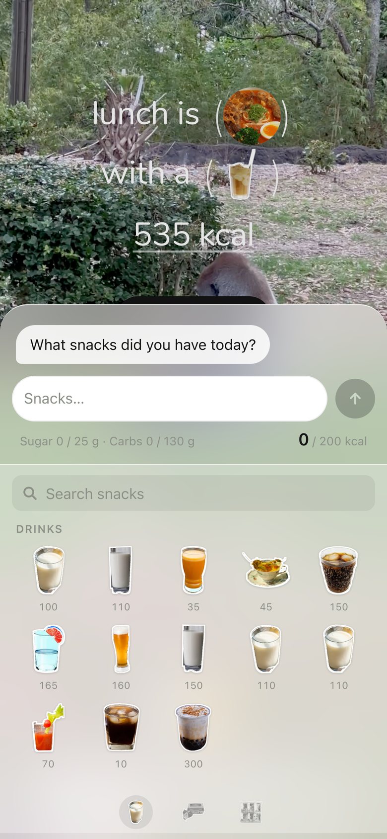 Snacks picker, version 5: A chat with a sticker keyboard: stickers fly into the typing bar, send = we ate these.