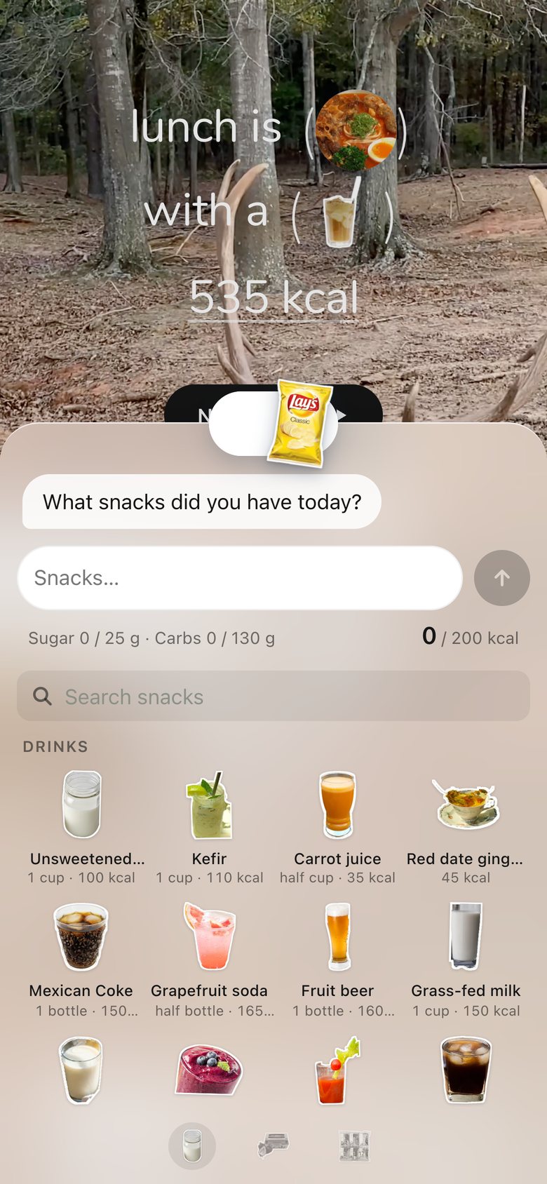 Snacks picker, version 6: The switch carries the sheet up like a handle; every drink has its own real glass and a name.