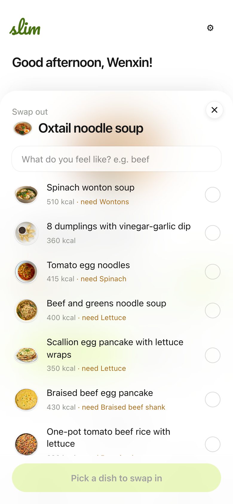 Pick a dish · Edit the meal, version 2: A frosted sheet: a search box and a list of dishes with a radio button.