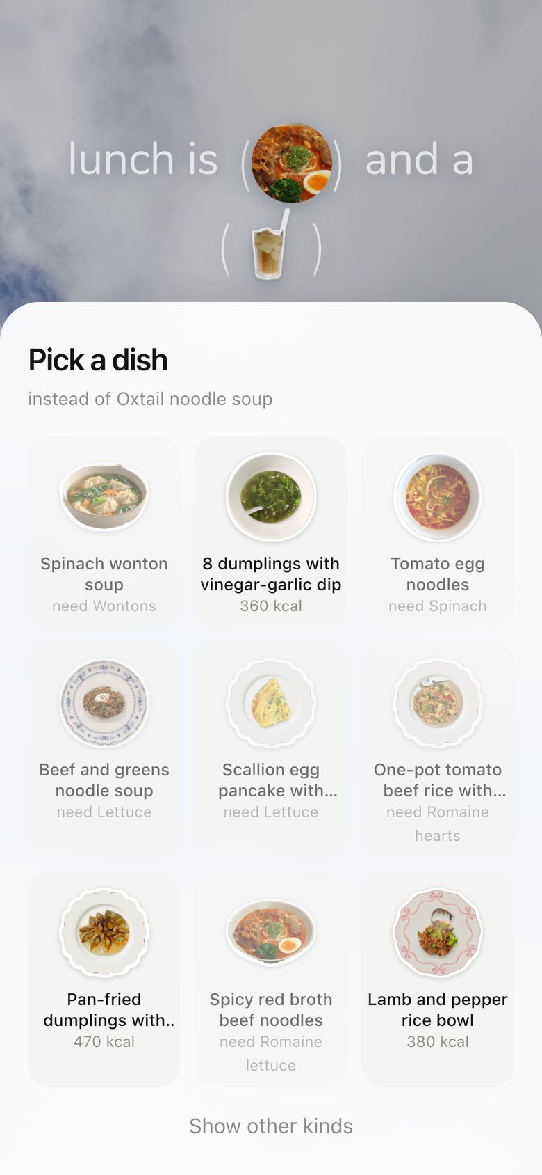 Pick a dish · Edit the meal, version 3: Tiles in three columns, same style as every other sheet; tap picks at once.