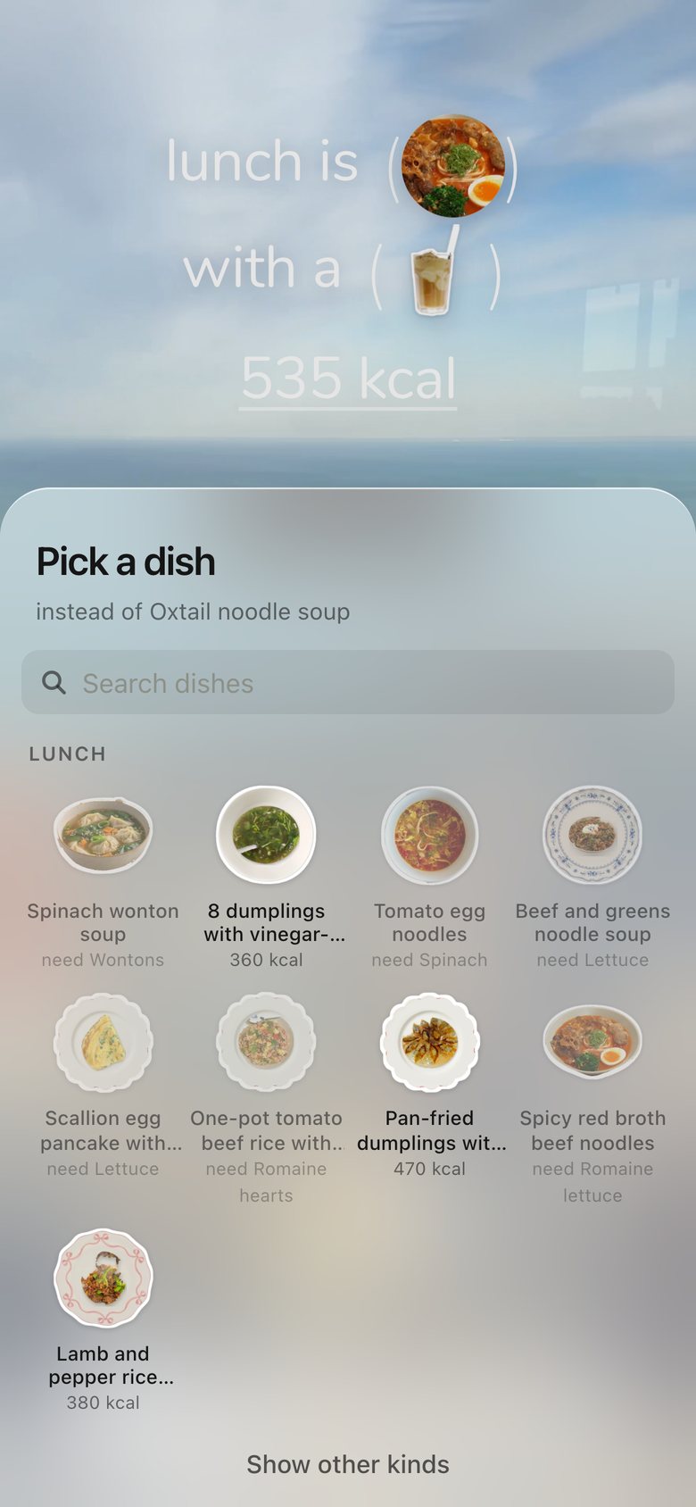 Pick a dish · Edit the meal, version 4: Frosted sticker keyboard grouped by kind, with search and a category row; long-press opens one sheet for drinks and every dish.