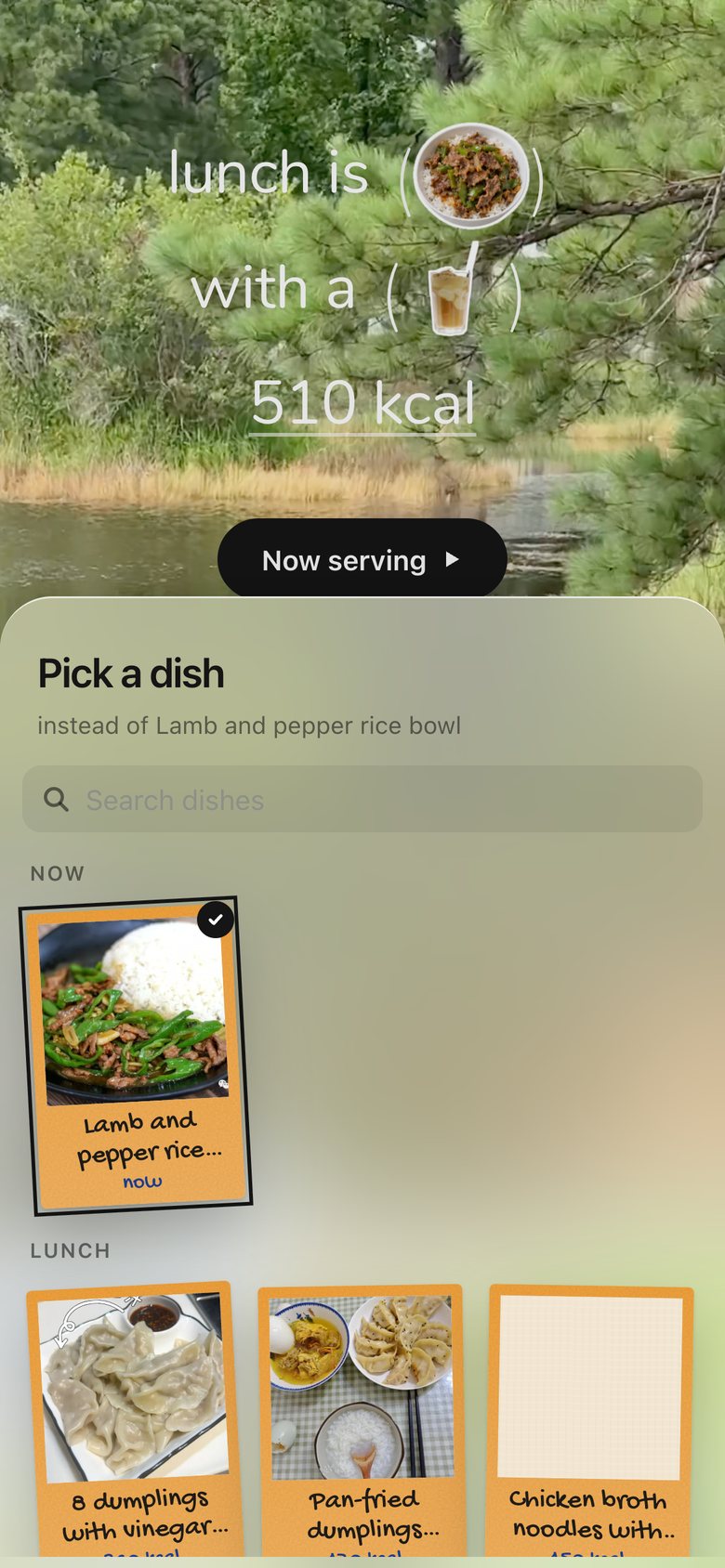Pick a dish · Edit the meal, version 5: A "Now" row shows the dish you're replacing; each option is a real-photo polaroid; the sheet opens part-way and rises when you scroll.
