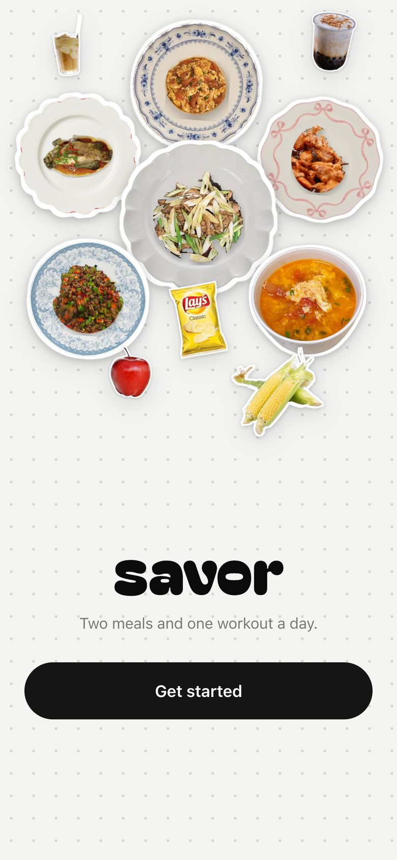 Welcome & sign-up, version 4: A balanced collage of our real food stickers on a dotted page, the new name and one black button grouped within thumb reach, and "Restore my data" when a backup exists. Pinned so it never scrolls.