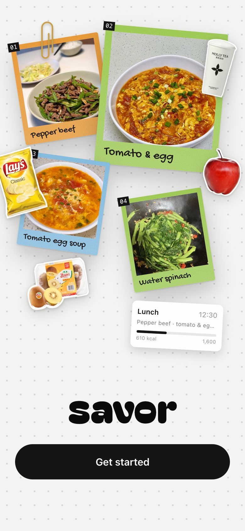 Welcome & sign-up, version 5: A bold scrapbook: numbered dish polaroids, big Molly Tea, chips and fruit stickers breaking the edges, a cut-out lunch card, and the savor logo centred above one black button.