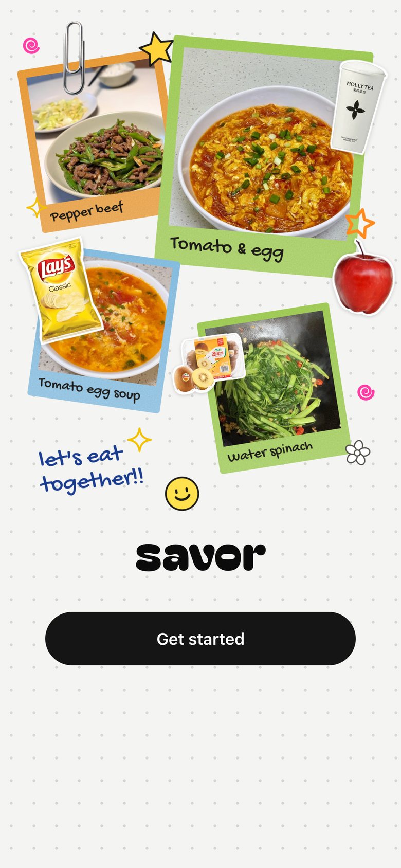 Welcome & sign-up, version 6: Kcal card replaced by hand-drawn doodles (stars, spirals, a smiley, "let's eat together!!"), a real steel paperclip photo, no shadows, the kiwi moved into the middle; pieces are set down one by one as the page opens.