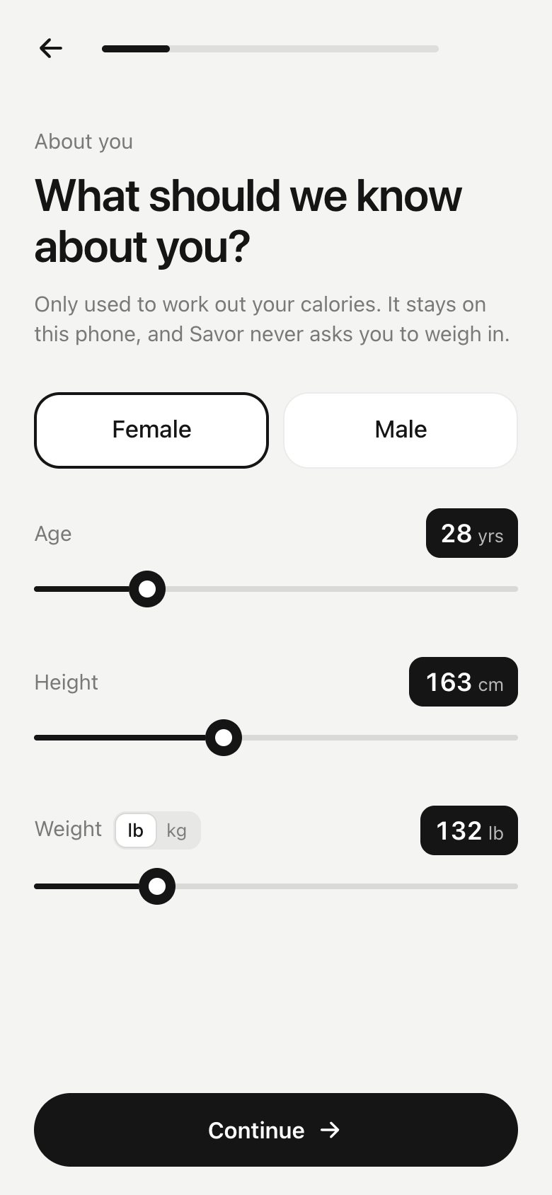 Welcome & sign-up, version 7: Sign-up as four short pages of questions (five for women): about you on one page with sliders, weight in lb with a kg toggle; then the goal with three safe paces; how you move; how you eat.