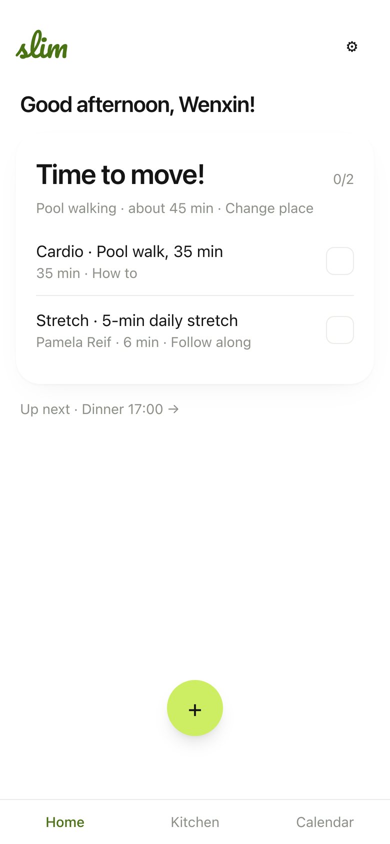 Home · Workout, version 2: "Time to move!": a white card listing cardio and stretch with videos.