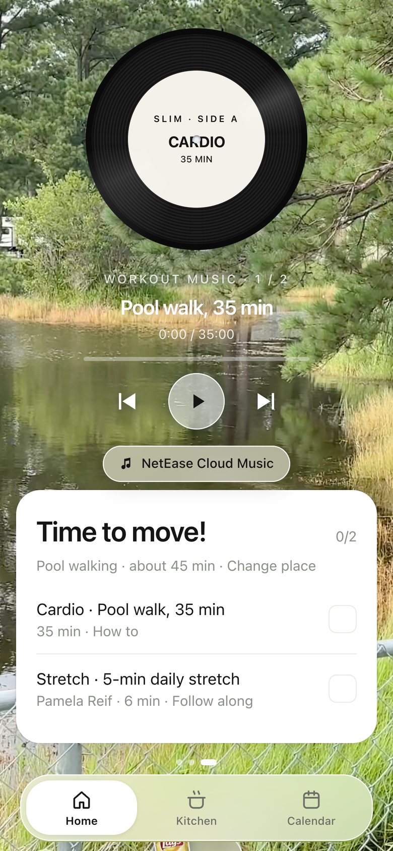 Home · Workout, version 3: A vinyl record above the card, opening NetEase Cloud Music.