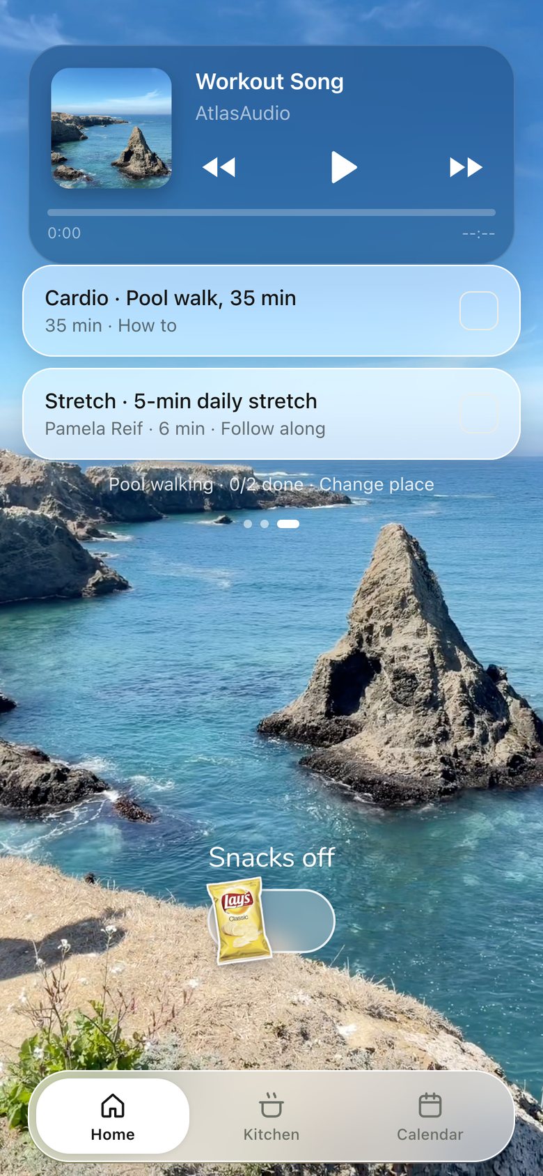 Home · Workout, version 4: A Now Playing card plays music inside the app; tasks become frosted strips.