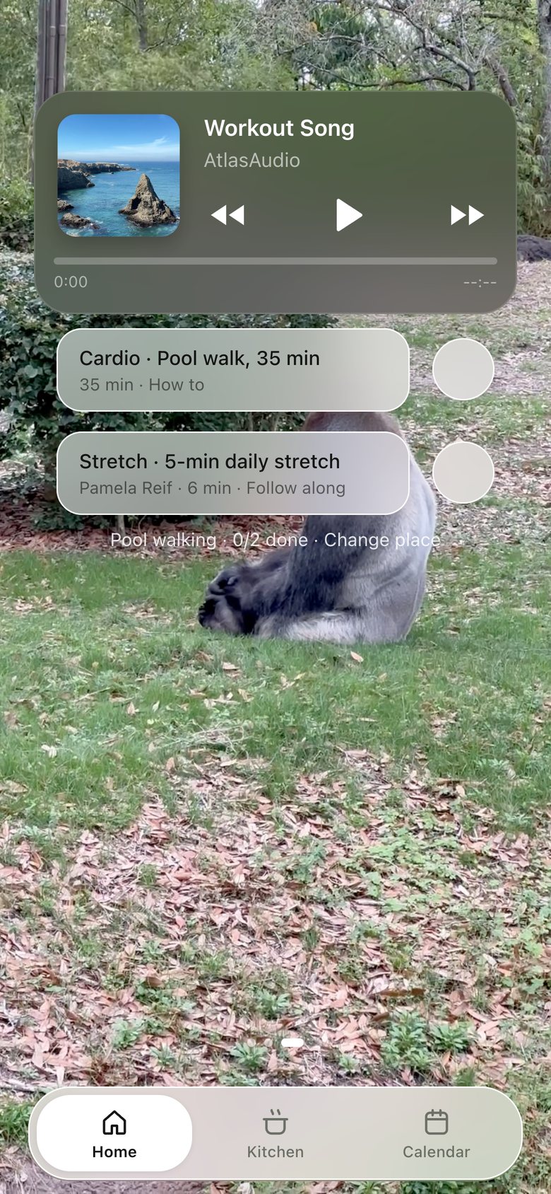 Home · Workout, version 5: Lighter task strips with separate check buttons; the player stays a full Now Playing card (a slimmer bar was tried and reverted).